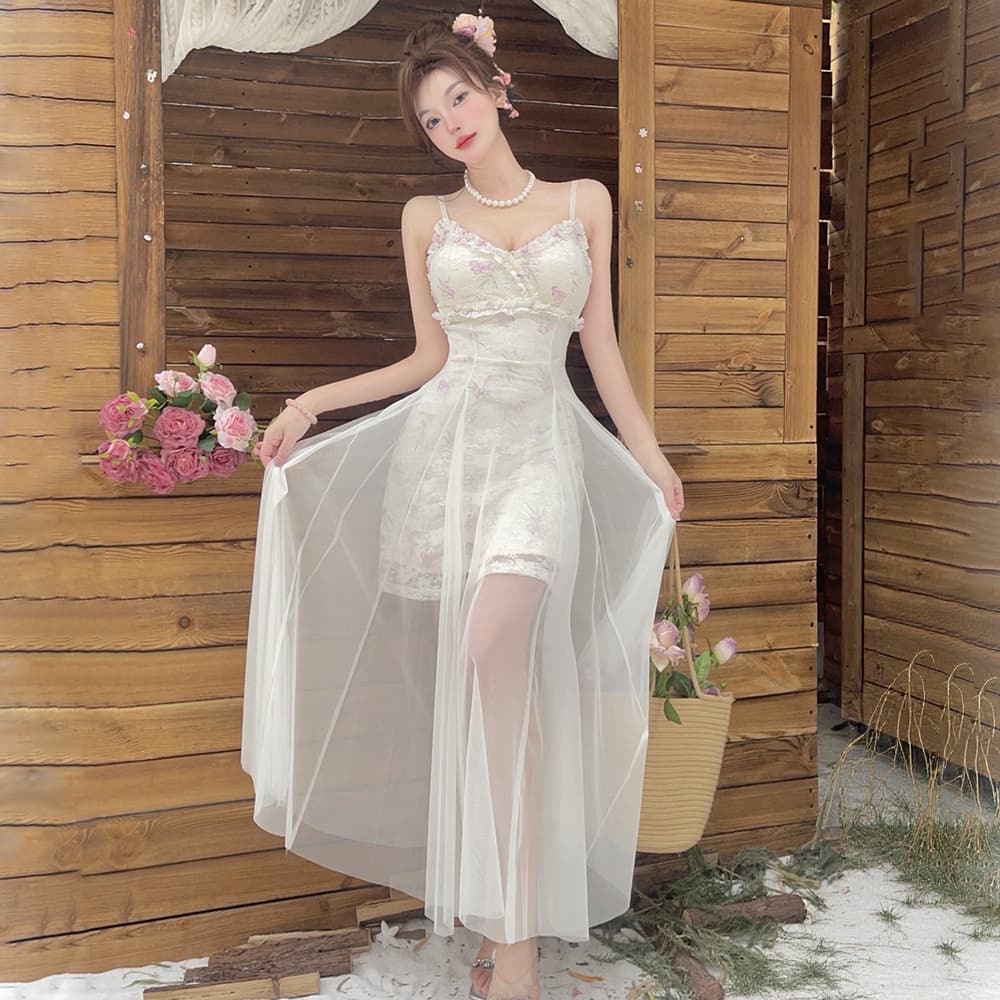 실사 프랑스식 박하 보라색 요정 치마 여름 통기성 망사 레이스 우아함 슬립 드레스 길다 치마 이미지 4