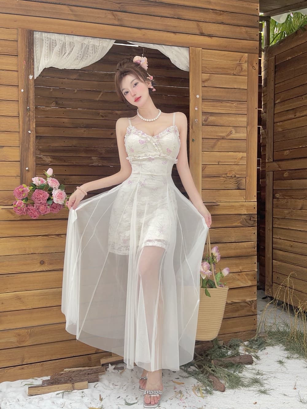 실사 프랑스식 박하 보라색 요정 치마 여름 통기성 망사 레이스 우아함 슬립 드레스 길다 치마 상세 이미지 1