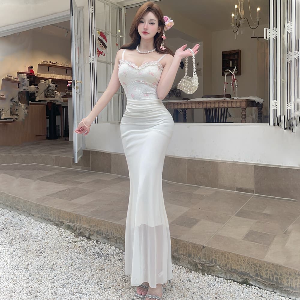 실사 프랑스식 꽃 레이스 슬립 패치워크 망사 드레스 달콤함 몸매 가꾸기 섹시함 슬립 예복 타이트 스커트 이미지 3