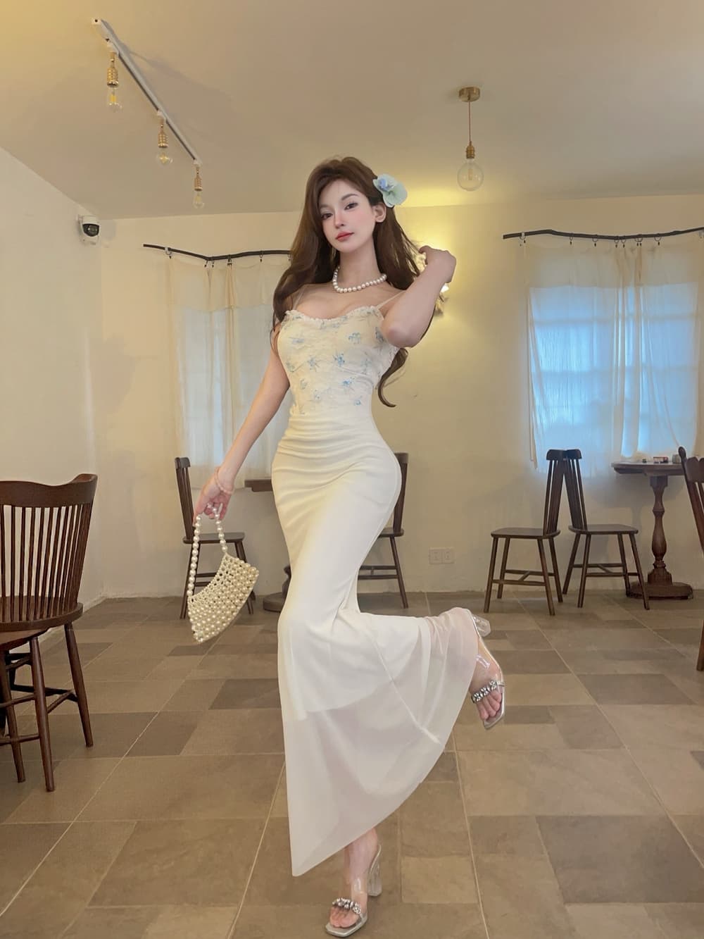 실사 프랑스식 꽃 레이스 슬립 패치워크 망사 드레스 달콤함 몸매 가꾸기 섹시함 슬립 예복 타이트 스커트 상세 이미지 4