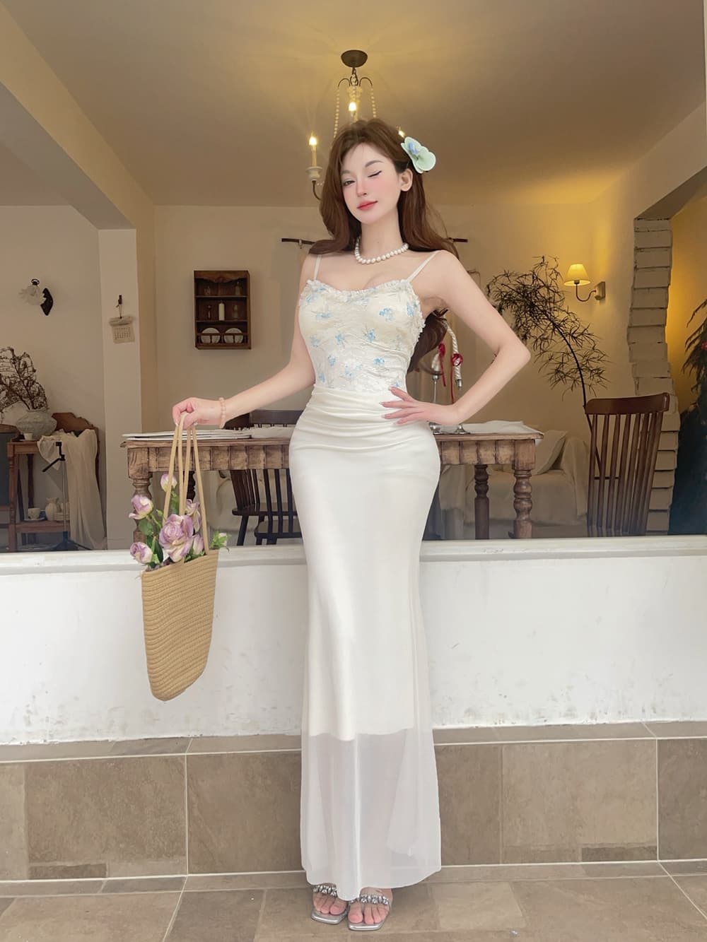 실사 프랑스식 꽃 레이스 슬립 패치워크 망사 드레스 달콤함 몸매 가꾸기 섹시함 슬립 예복 타이트 스커트 상세 이미지 5