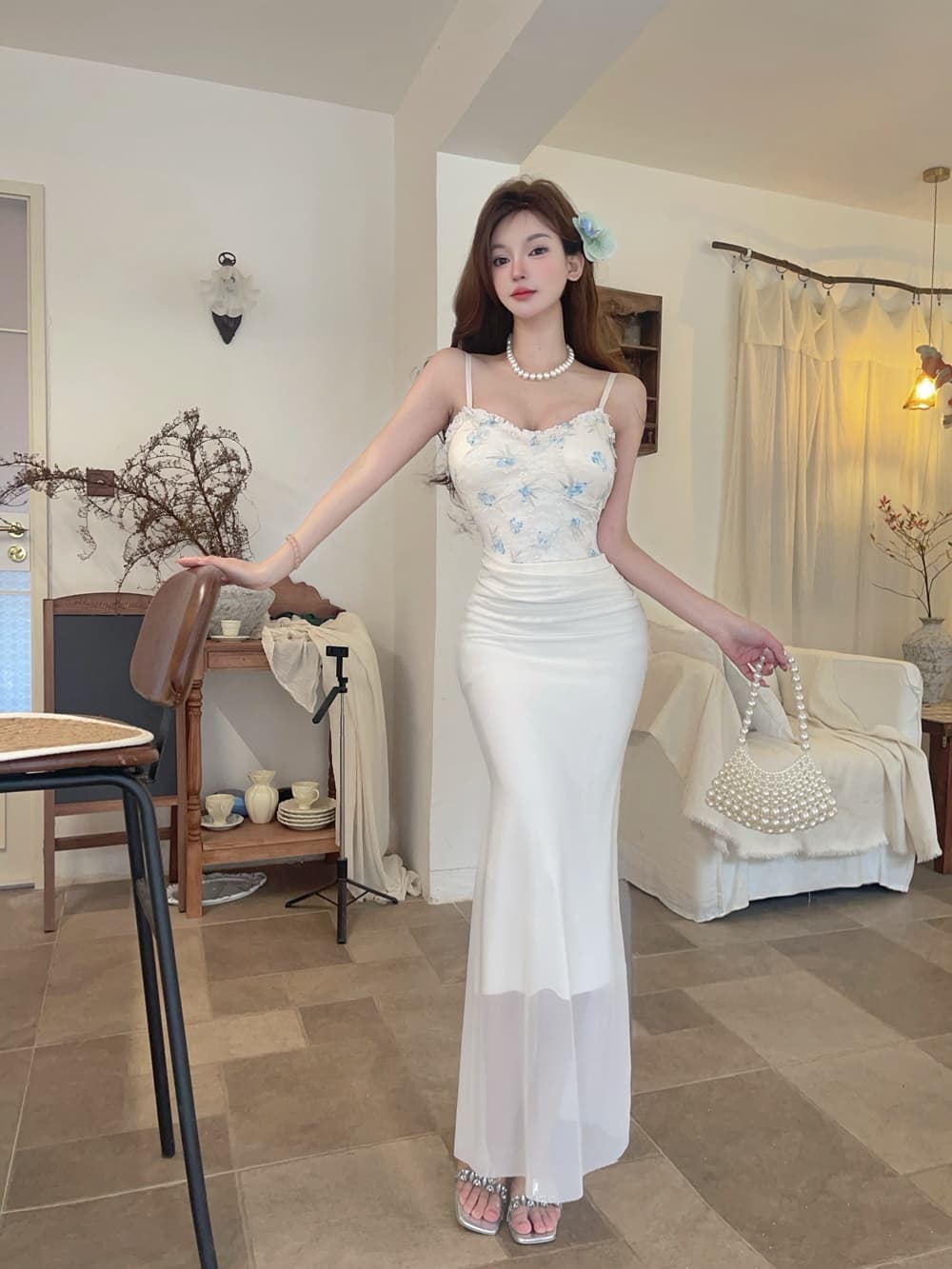 실사 프랑스식 꽃 레이스 슬립 패치워크 망사 드레스 달콤함 몸매 가꾸기 섹시함 슬립 예복 타이트 스커트 상세 이미지 6