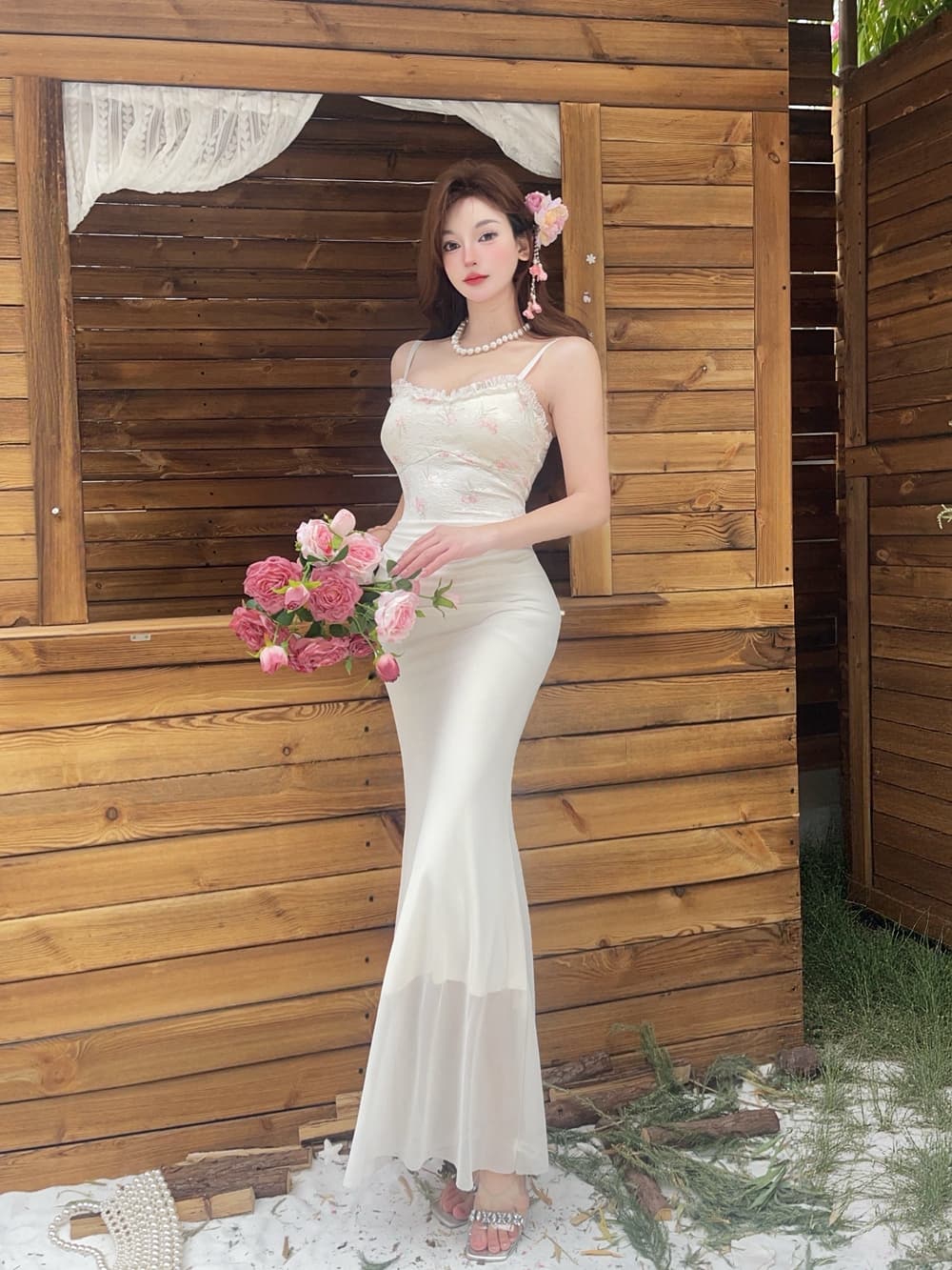 실사 프랑스식 꽃 레이스 슬립 패치워크 망사 드레스 달콤함 몸매 가꾸기 섹시함 슬립 예복 타이트 스커트 상세 이미지 13