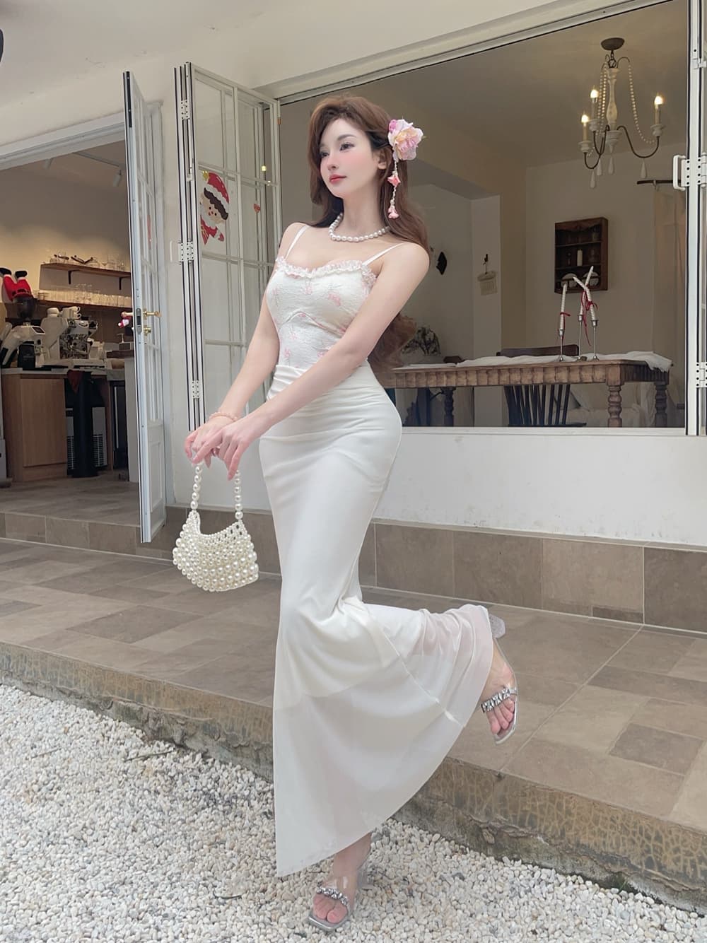 실사 프랑스식 꽃 레이스 슬립 패치워크 망사 드레스 달콤함 몸매 가꾸기 섹시함 슬립 예복 타이트 스커트 상세 이미지 15