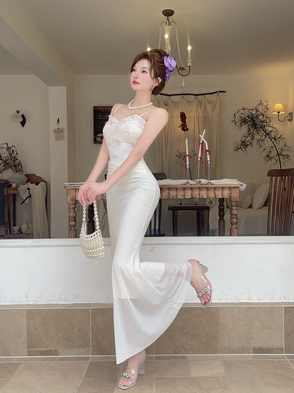 실사 프랑스식 꽃 레이스 슬립 패치워크 망사 드레스 달콤함 몸매 가꾸기 섹시함 슬립 예복 타이트 스커트 상세 이미지 21