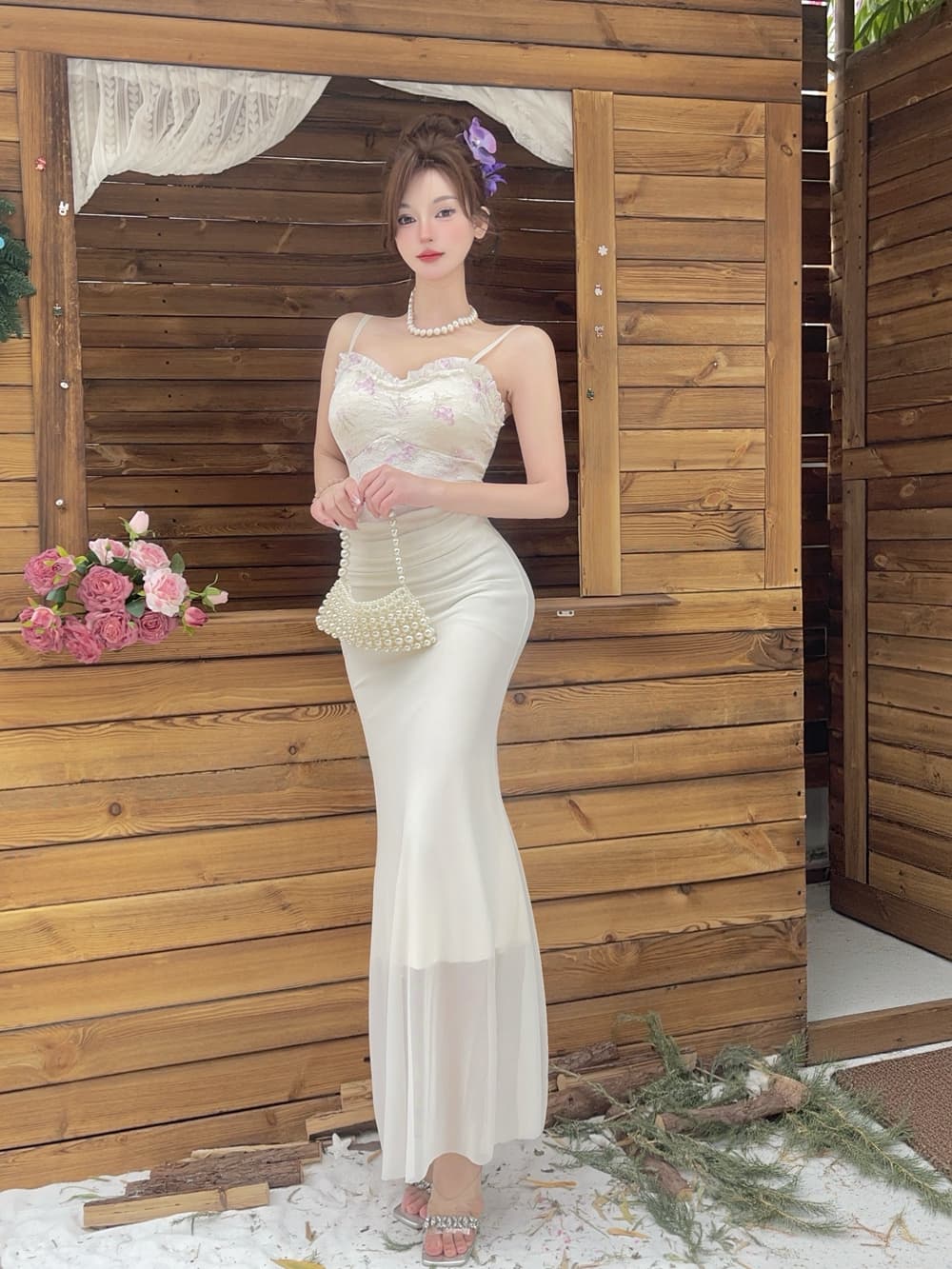실사 프랑스식 꽃 레이스 슬립 패치워크 망사 드레스 달콤함 몸매 가꾸기 섹시함 슬립 예복 타이트 스커트 상세 이미지 30