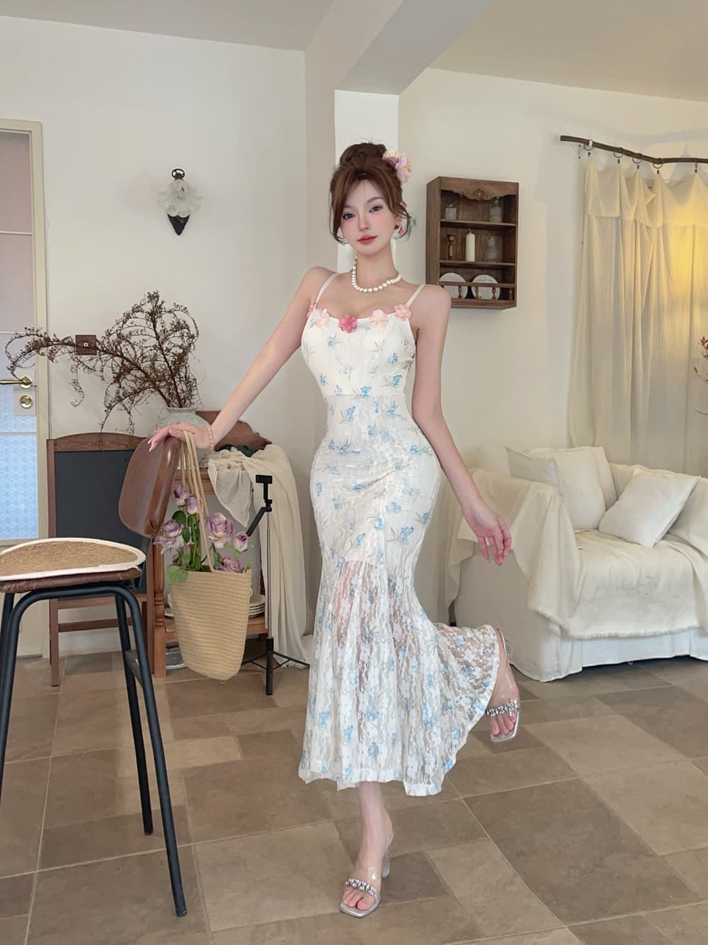 실사 프랑스식 바람 섹시함 핫걸 슬립 드레스 고급 센스 망사 패치워크 꽃무늬 슬림해 보이는 인어 꼬리 길다 치마 상세 이미지 6