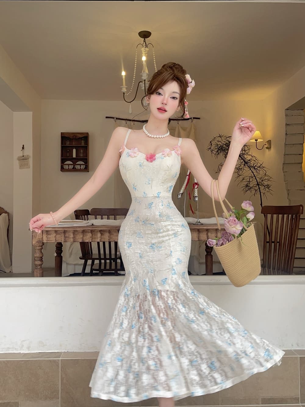 실사 프랑스식 바람 섹시함 핫걸 슬립 드레스 고급 센스 망사 패치워크 꽃무늬 슬림해 보이는 인어 꼬리 길다 치마 상세 이미지 8