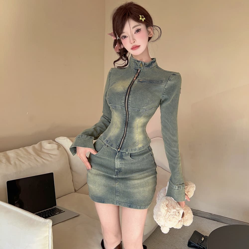 실사 아메리칸 레트로 패션 데님 길다 소매 커버 척 오래된 쇼트 스타일 트렌디 타이트 데님 재킷 미니 스커트 세트 이미지 2