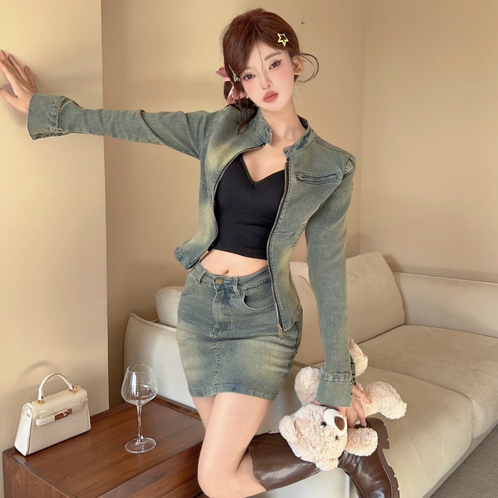 실사 아메리칸 레트로 패션 데님 길다 소매 커버 척 오래된 쇼트 스타일 트렌디 타이트 데님 재킷 미니 스커트 세트 이미지 4