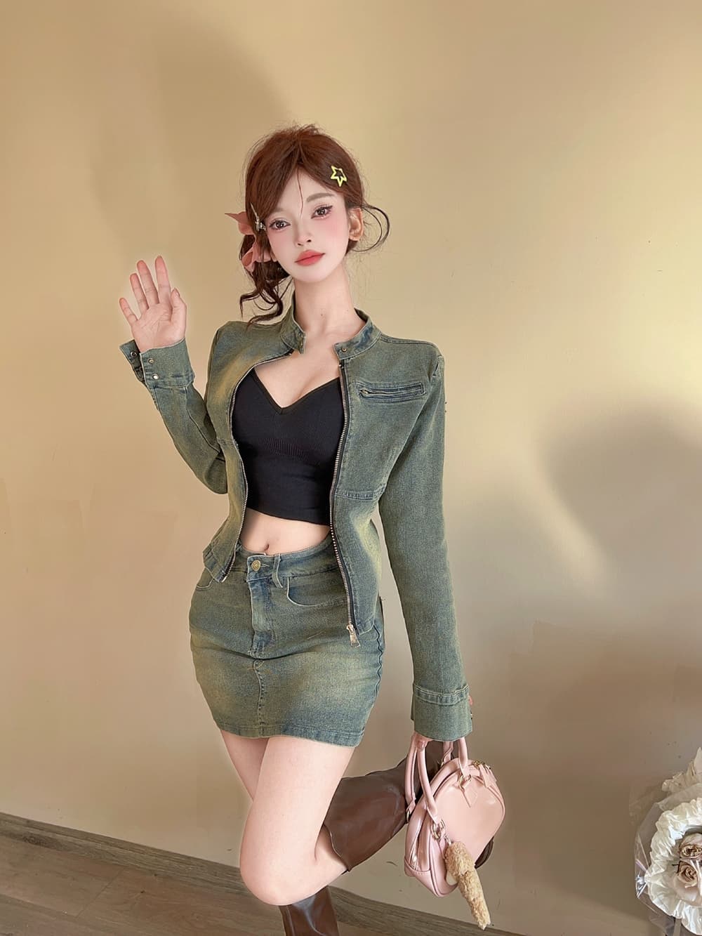 실사 아메리칸 레트로 패션 데님 길다 소매 커버 척 오래된 쇼트 스타일 트렌디 타이트 데님 재킷 미니 스커트 세트 상세 이미지 9