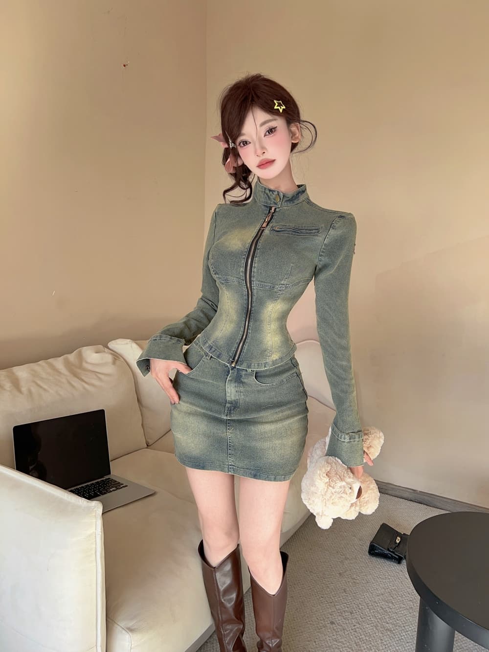 실사 아메리칸 레트로 패션 데님 길다 소매 커버 척 오래된 쇼트 스타일 트렌디 타이트 데님 재킷 미니 스커트 세트 상세 이미지 13