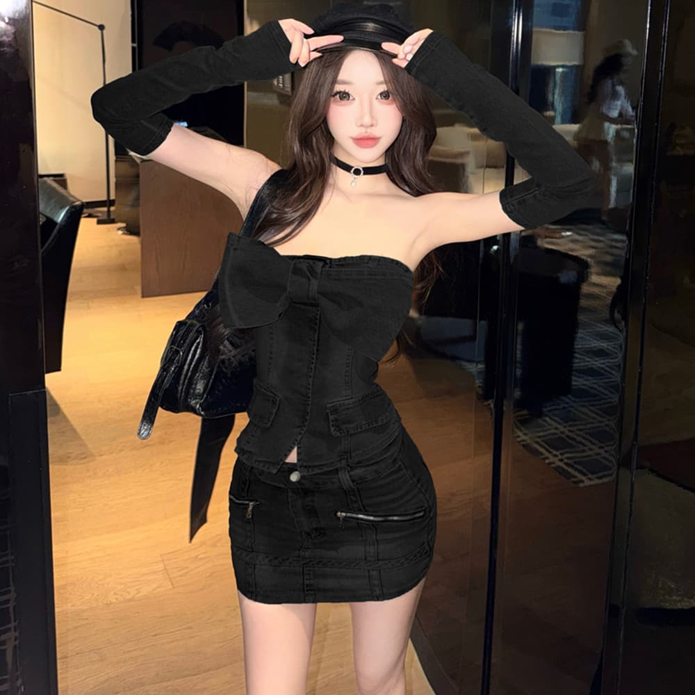 실사 새로운 패션 레트로 나비 매듭 긴팔 데님 튜브탑 맨위 하이웨이스트 슬림해 보이는 반신 스커트 투피스 세트 이미지 4