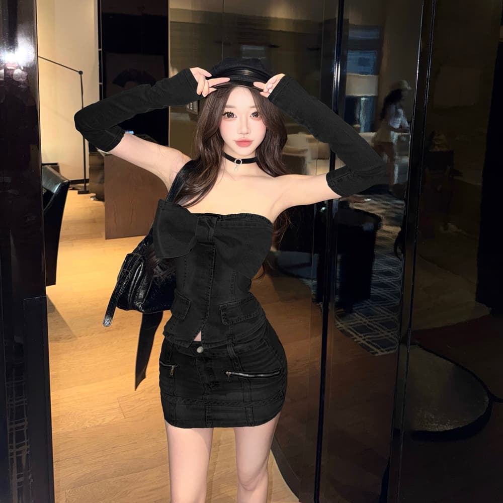 실사 새로운 패션 레트로 나비 매듭 긴팔 데님 튜브탑 맨위 하이웨이스트 슬림해 보이는 반신 스커트 투피스 세트 상세 이미지 17