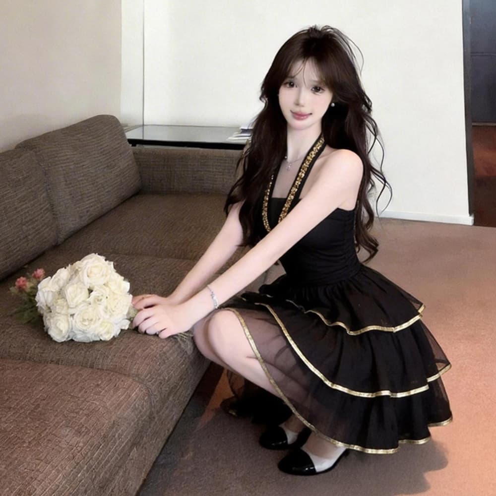 실사 프랑스식 작은 대중 디자인 센스 무거운 작업 플래시 훈련 행침 목 백리스 작은 드레스 케이크 드레스 여성 의류 망사 드레스 이미지 4