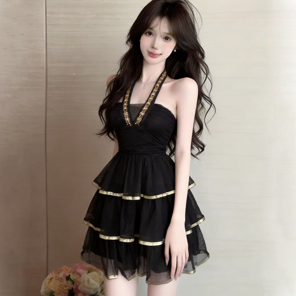 실사 프랑스식 작은 대중 디자인 센스 무거운 작업 플래시 훈련 행침 목 백리스 작은 드레스 케이크 드레스 여성 의류 망사 드레스 상세 이미지 16