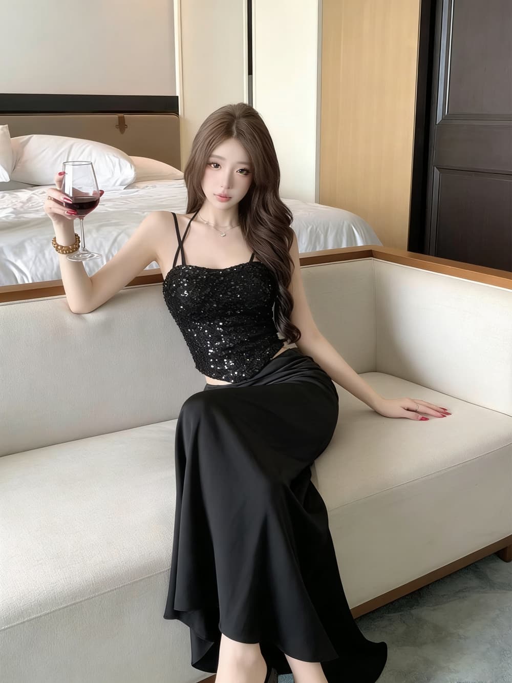 실사 프랑스식 무거운 작업 스팽글 순수한 욕망 슬립 튜브탑 조끼 맨위 타이트 스커트 반신 롱 스커트 세트 트렌디 투피스 세트 상세 이미지 8
