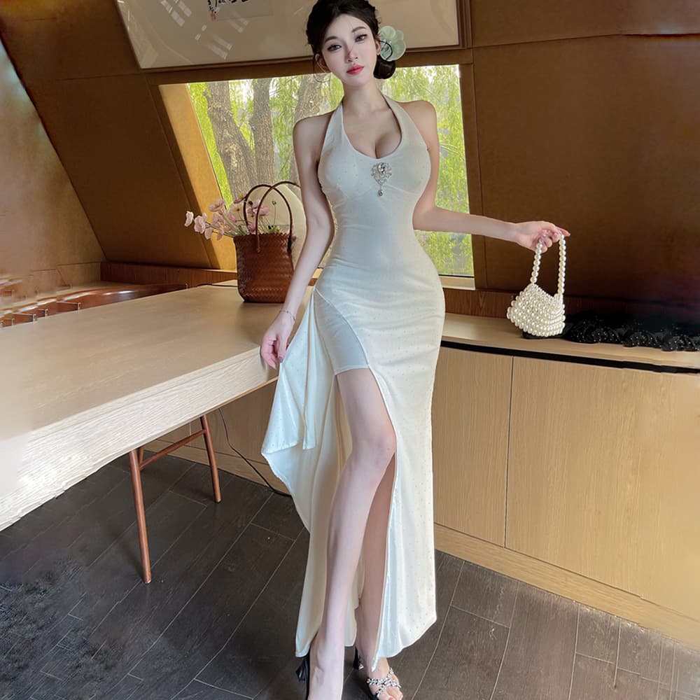 실사 프랑스식 행침 목 슬립 여성 드레스 여름 새로운 몸매 가꾸기 롱 스커트 순수한 욕망 허리 수축 트임 타이트 스커트 예복 치마 이미지 6