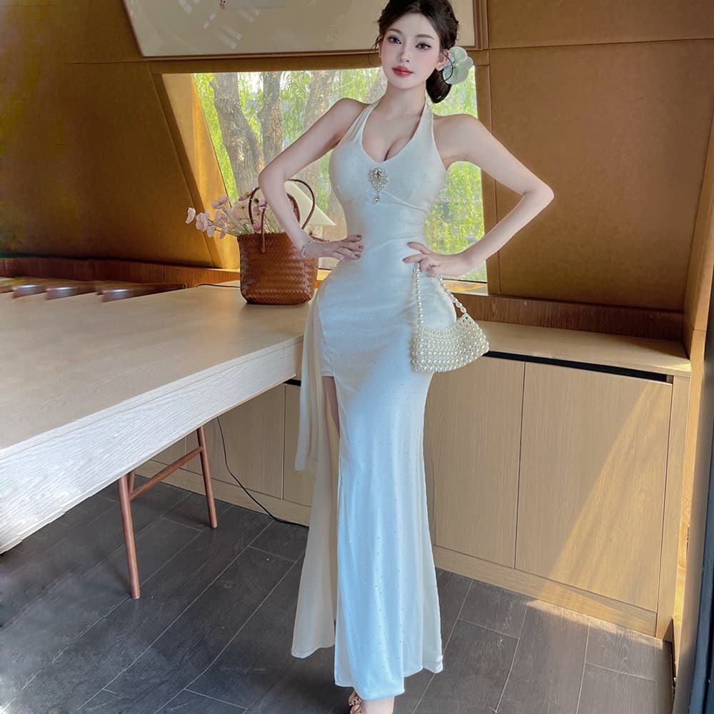 실사 프랑스식 행침 목 슬립 여성 드레스 여름 새로운 몸매 가꾸기 롱 스커트 순수한 욕망 허리 수축 트임 타이트 스커트 예복 치마 상세 이미지 1