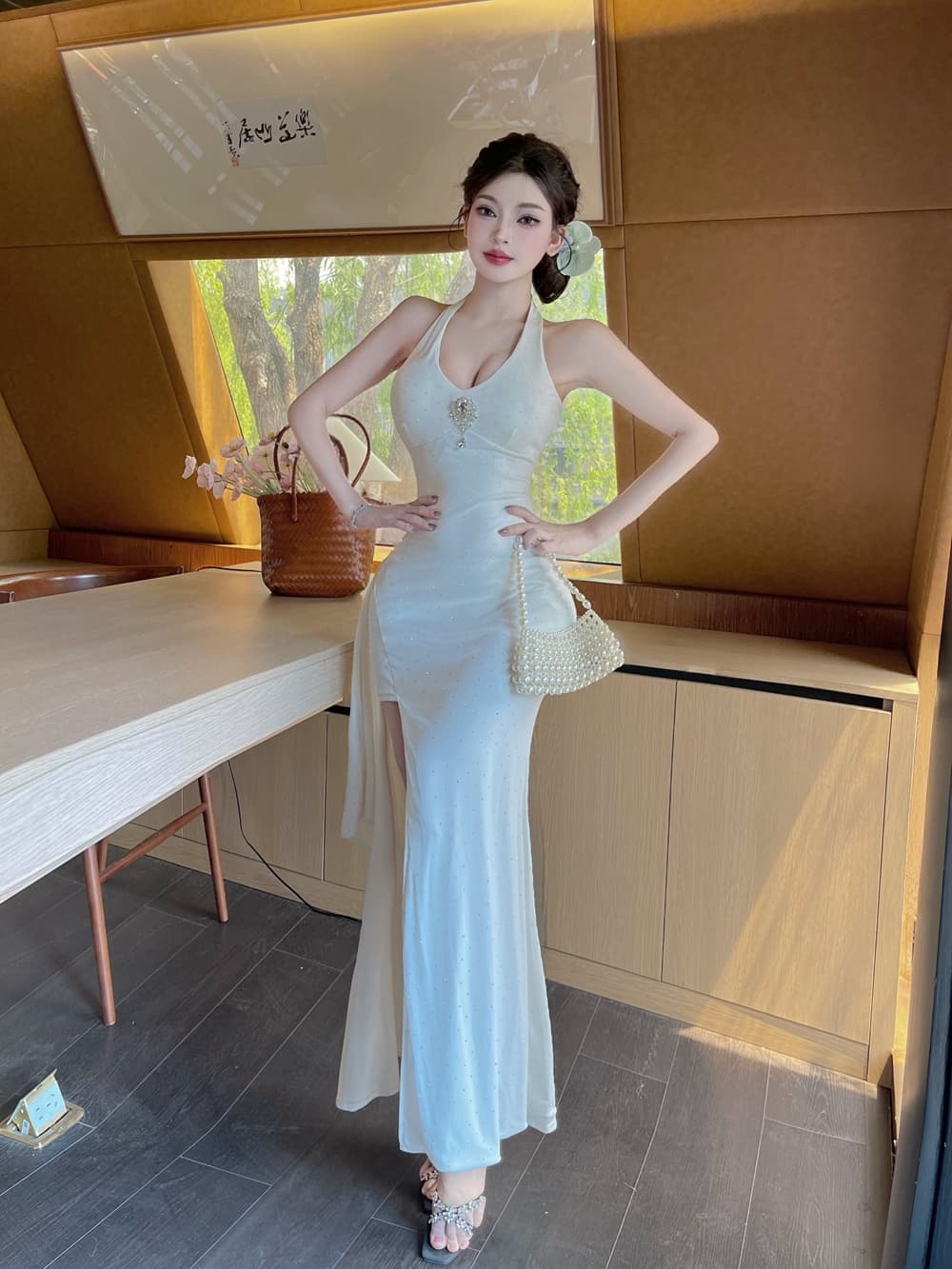 실사 프랑스식 행침 목 슬립 여성 드레스 여름 새로운 몸매 가꾸기 롱 스커트 순수한 욕망 허리 수축 트임 타이트 스커트 예복 치마 상세 이미지 2