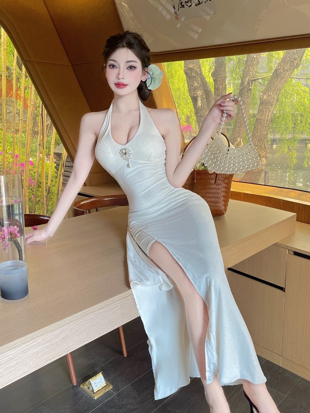 실사 프랑스식 행침 목 슬립 여성 드레스 여름 새로운 몸매 가꾸기 롱 스커트 순수한 욕망 허리 수축 트임 타이트 스커트 예복 치마 상세 이미지 3