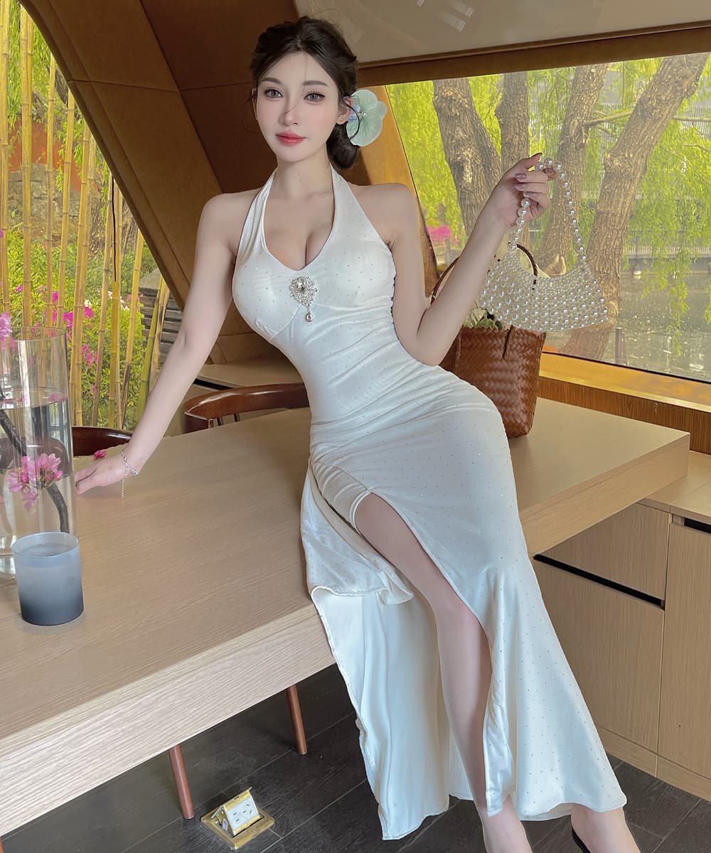 실사 프랑스식 행침 목 슬립 여성 드레스 여름 새로운 몸매 가꾸기 롱 스커트 순수한 욕망 허리 수축 트임 타이트 스커트 예복 치마 상세 이미지 5