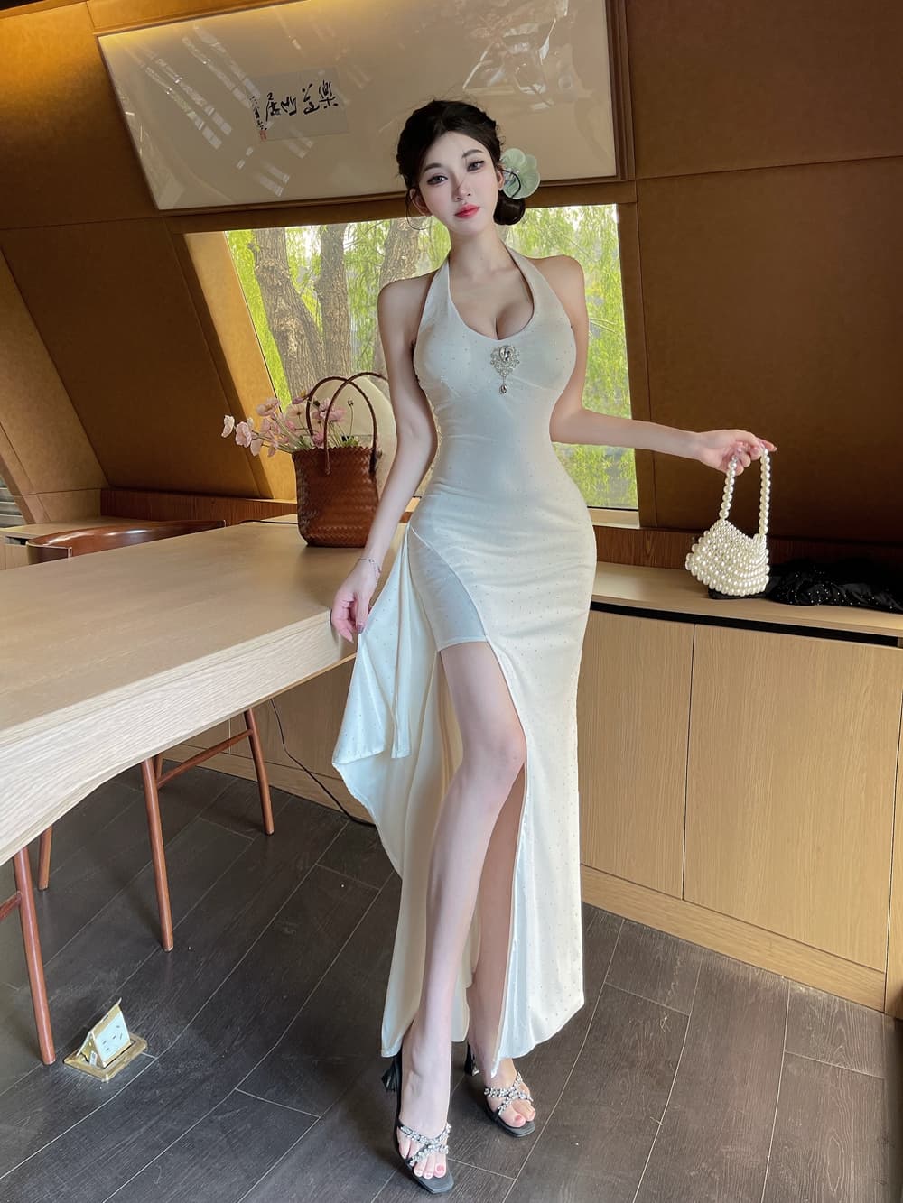 실사 프랑스식 행침 목 슬립 여성 드레스 여름 새로운 몸매 가꾸기 롱 스커트 순수한 욕망 허리 수축 트임 타이트 스커트 예복 치마 상세 이미지 6