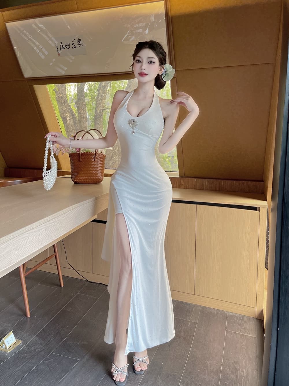 실사 프랑스식 행침 목 슬립 여성 드레스 여름 새로운 몸매 가꾸기 롱 스커트 순수한 욕망 허리 수축 트임 타이트 스커트 예복 치마 상세 이미지 7