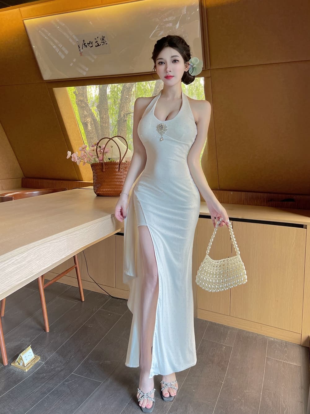 실사 프랑스식 행침 목 슬립 여성 드레스 여름 새로운 몸매 가꾸기 롱 스커트 순수한 욕망 허리 수축 트임 타이트 스커트 예복 치마 상세 이미지 8