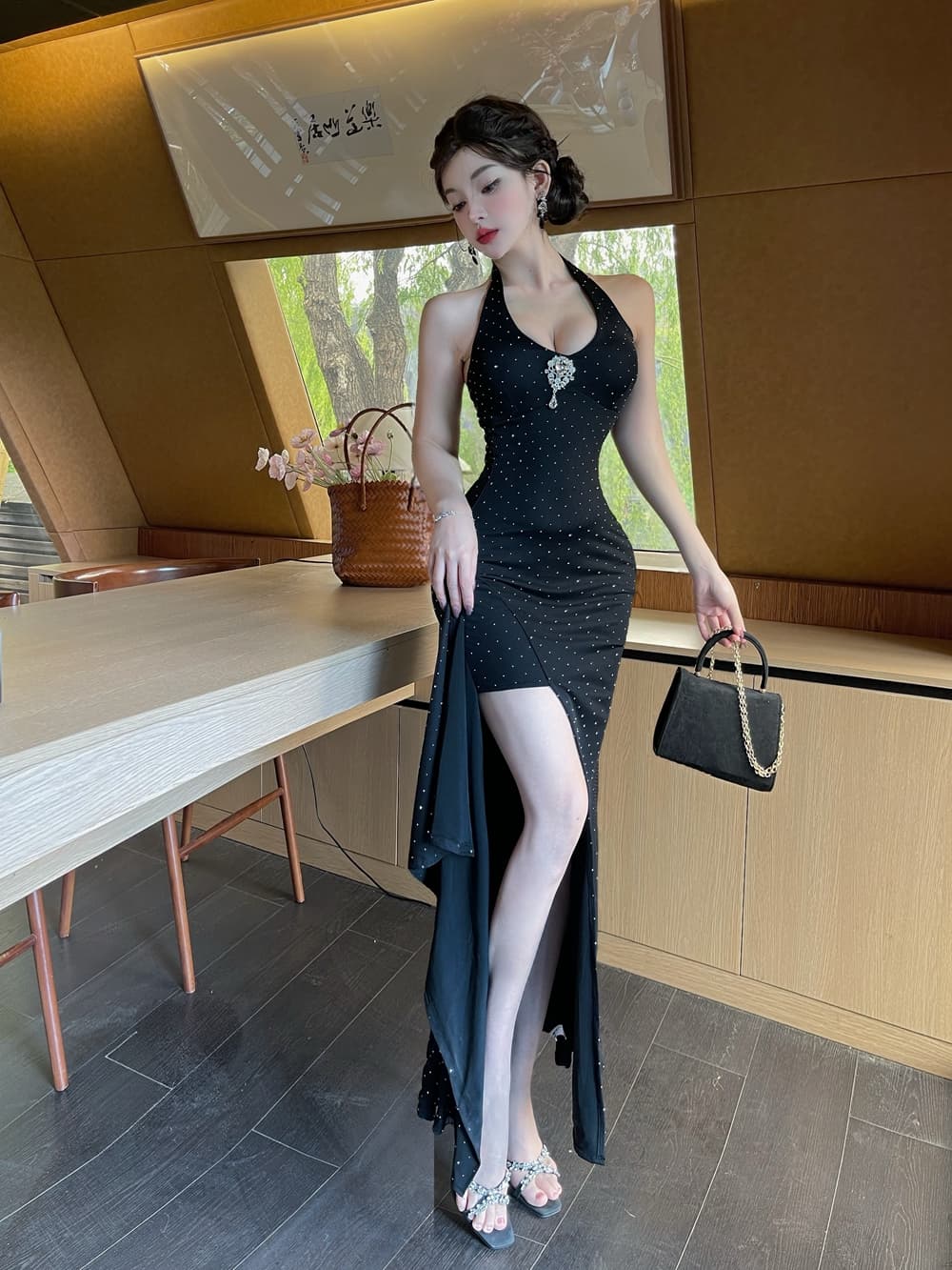 실사 프랑스식 행침 목 슬립 여성 드레스 여름 새로운 몸매 가꾸기 롱 스커트 순수한 욕망 허리 수축 트임 타이트 스커트 예복 치마 상세 이미지 13