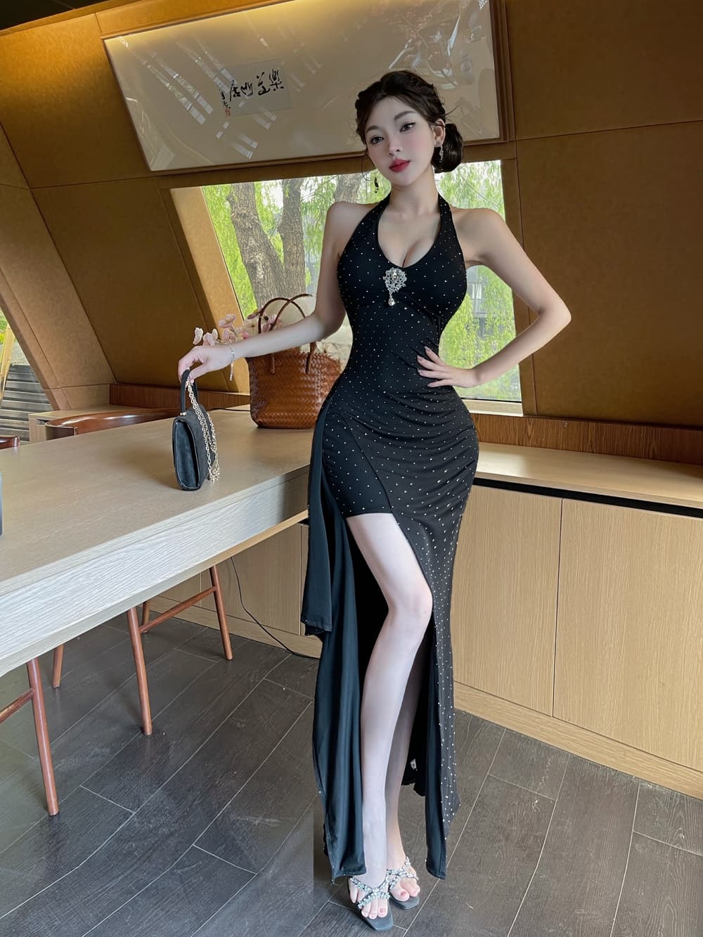 실사 프랑스식 행침 목 슬립 여성 드레스 여름 새로운 몸매 가꾸기 롱 스커트 순수한 욕망 허리 수축 트임 타이트 스커트 예복 치마 상세 이미지 20