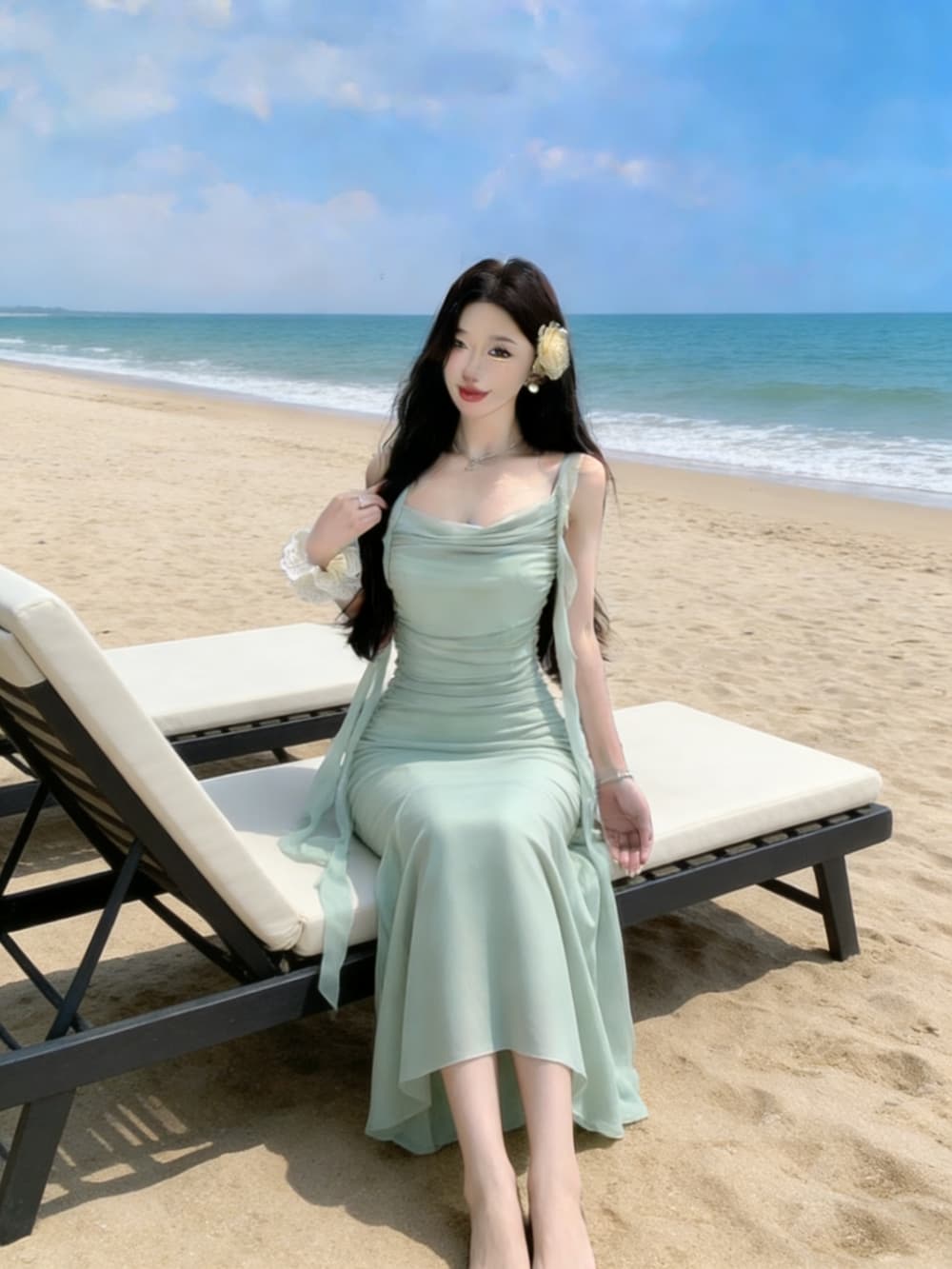 실사 프랑스식 아름다운 망사 슬립 여성 드레스 여름 해변가 휴가 품격 허리 수축 타이트 스커트 인어 꼬리 롱 스커트 상세 이미지 3
