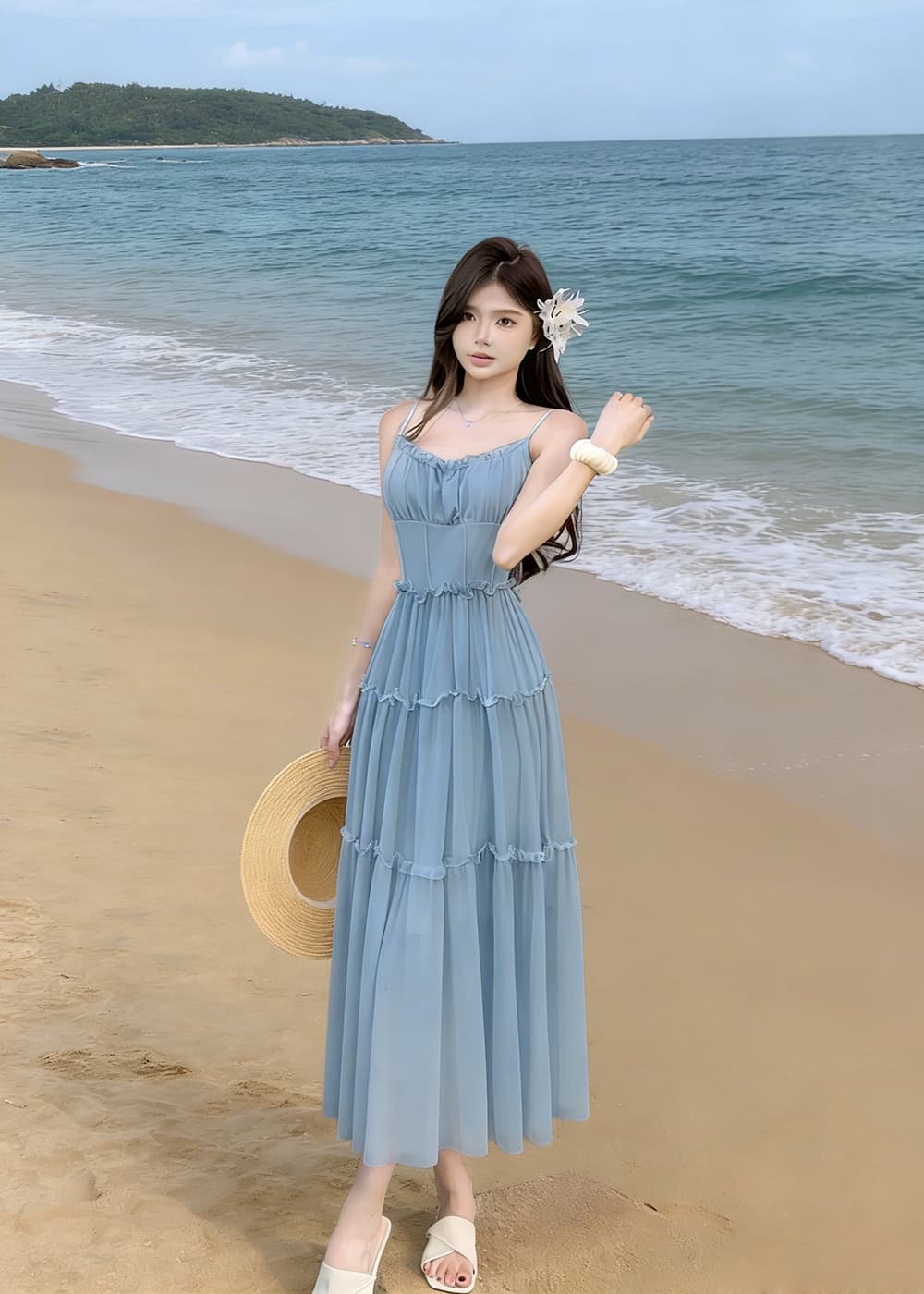 프랑스식 달콤함 핑크색 하이웨이스트 슬립 치마 여름 꼬집기 허리 한 마디 드레스 허리 수축 슬림해 보이는 해변가 휴가 바람 상세 이미지 2