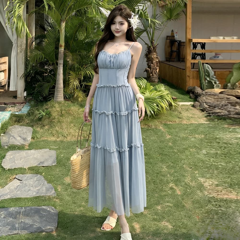 프랑스식 달콤함 핑크색 하이웨이스트 슬립 치마 여름 꼬집기 허리 한 마디 드레스 허리 수축 슬림해 보이는 해변가 휴가 바람 상세 이미지 3