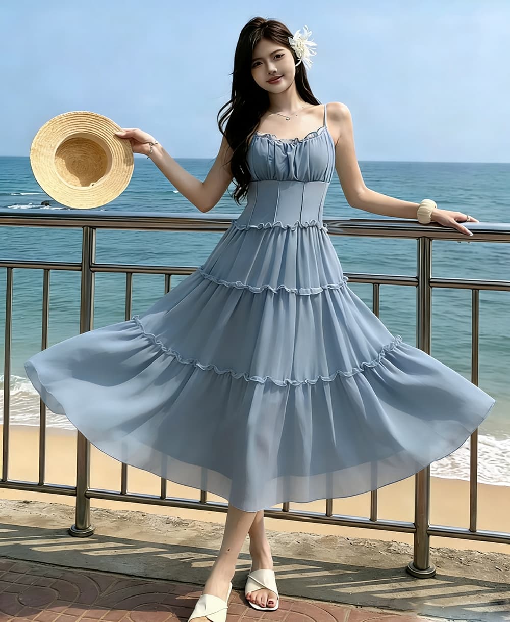 프랑스식 달콤함 핑크색 하이웨이스트 슬립 치마 여름 꼬집기 허리 한 마디 드레스 허리 수축 슬림해 보이는 해변가 휴가 바람 상세 이미지 6