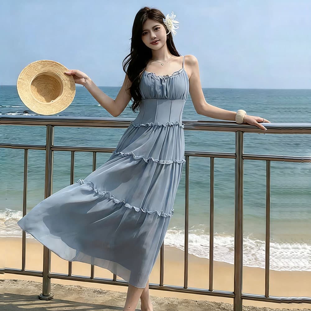 프랑스식 달콤함 핑크색 하이웨이스트 슬립 치마 여름 꼬집기 허리 한 마디 드레스 허리 수축 슬림해 보이는 해변가 휴가 바람 상세 이미지 8