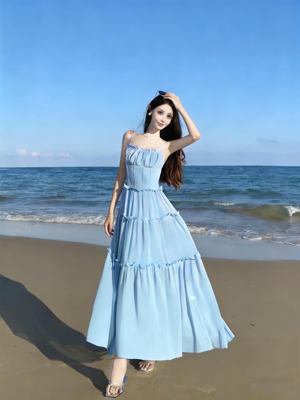 프랑스식 달콤함 핑크색 하이웨이스트 슬립 치마 여름 꼬집기 허리 한 마디 드레스 허리 수축 슬림해 보이는 해변가 휴가 바람 상세 이미지 9