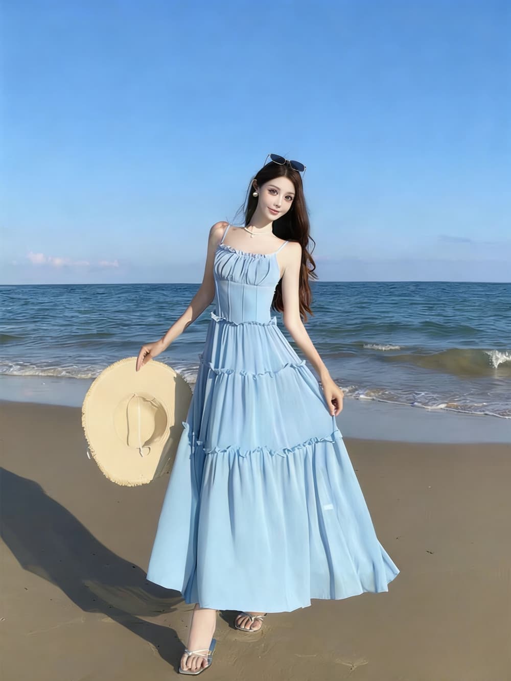 프랑스식 달콤함 핑크색 하이웨이스트 슬립 치마 여름 꼬집기 허리 한 마디 드레스 허리 수축 슬림해 보이는 해변가 휴가 바람 상세 이미지 10