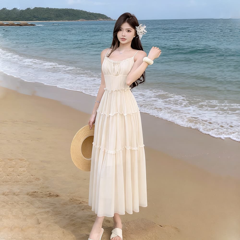 프랑스식 달콤함 핑크색 하이웨이스트 슬립 치마 여름 꼬집기 허리 한 마디 드레스 허리 수축 슬림해 보이는 해변가 휴가 바람 상세 이미지 12