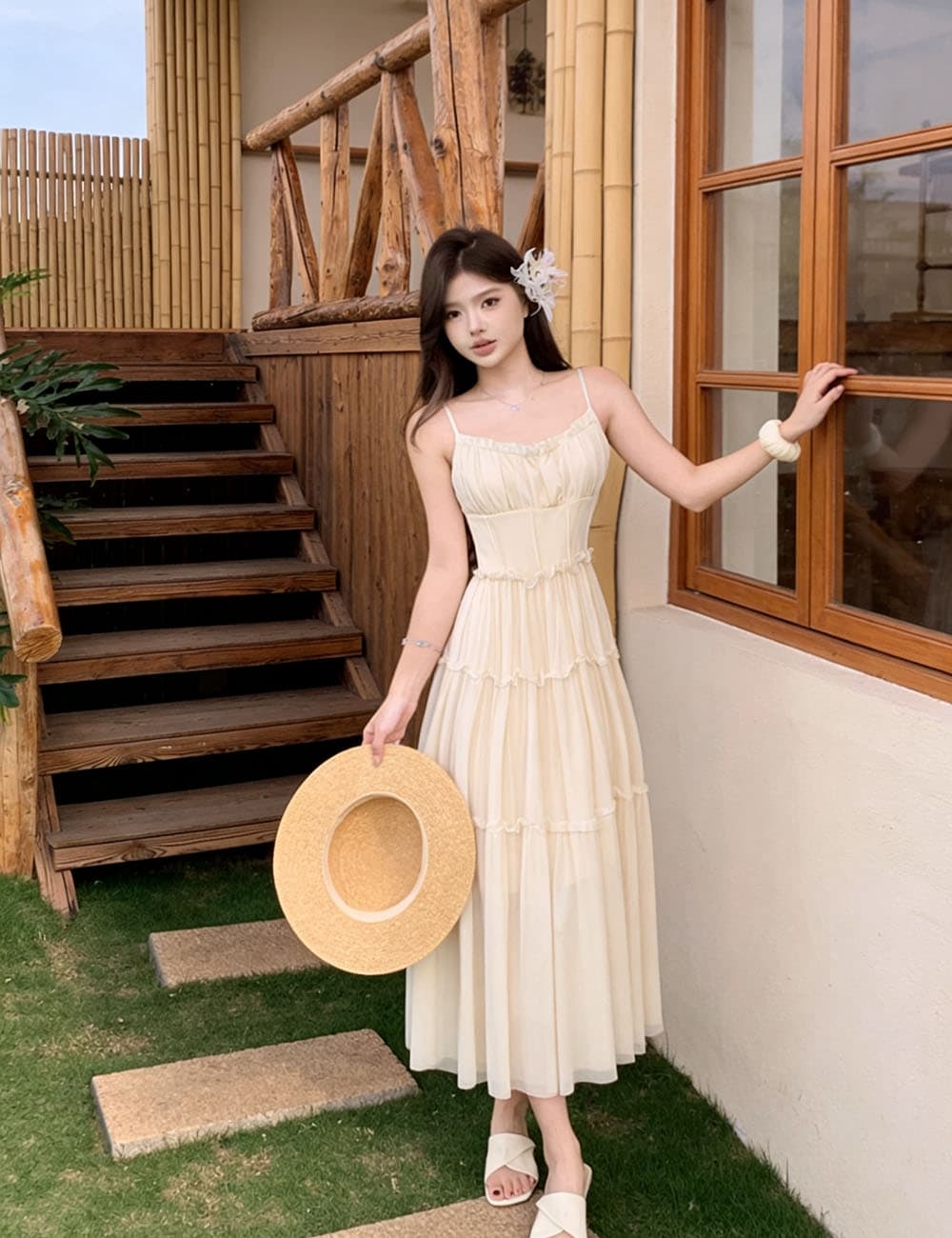 프랑스식 달콤함 핑크색 하이웨이스트 슬립 치마 여름 꼬집기 허리 한 마디 드레스 허리 수축 슬림해 보이는 해변가 휴가 바람 상세 이미지 13