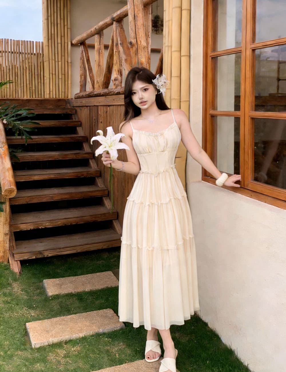 프랑스식 달콤함 핑크색 하이웨이스트 슬립 치마 여름 꼬집기 허리 한 마디 드레스 허리 수축 슬림해 보이는 해변가 휴가 바람 상세 이미지 14