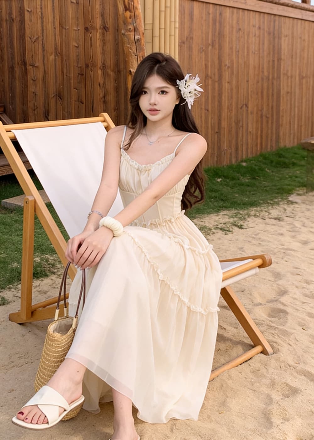 프랑스식 달콤함 핑크색 하이웨이스트 슬립 치마 여름 꼬집기 허리 한 마디 드레스 허리 수축 슬림해 보이는 해변가 휴가 바람 상세 이미지 17