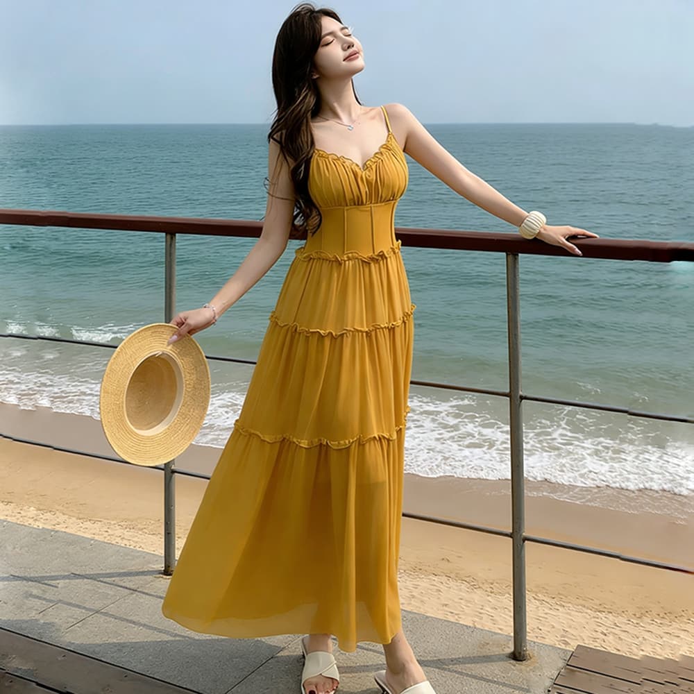 프랑스식 달콤함 핑크색 하이웨이스트 슬립 치마 여름 꼬집기 허리 한 마디 드레스 허리 수축 슬림해 보이는 해변가 휴가 바람 상세 이미지 19
