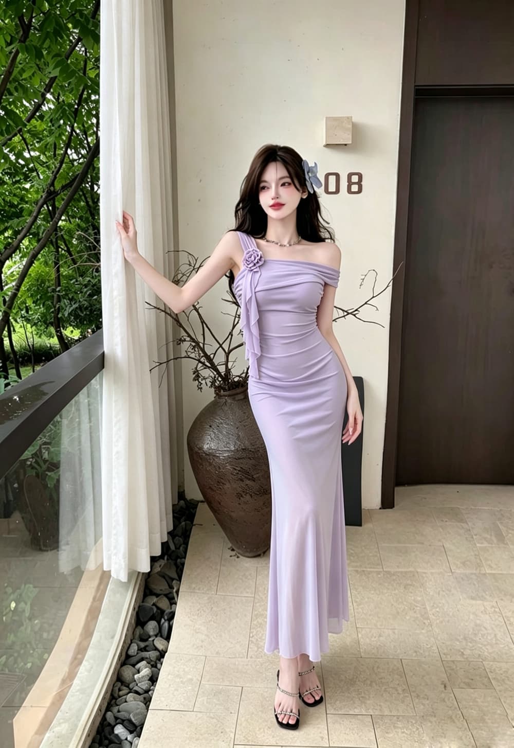 실사 프랑스식 섹시함 꽃 망사 패치워크 숄더백 롱 스커트 품격 타이트 슬림해 보이는 슬립 인어 꼬리 드레스 상세 이미지 4