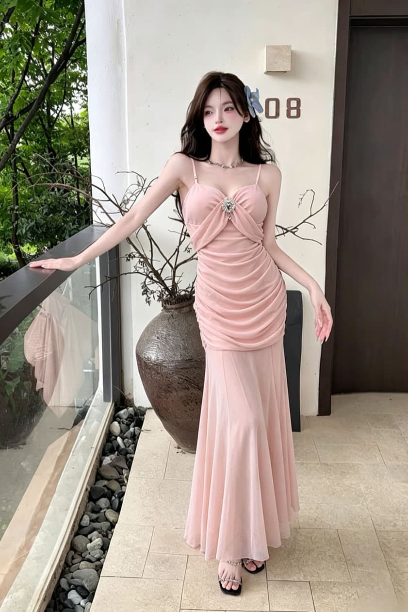 실사 새로운 프랑스식 몸매 가꾸기 슬림해 보이는 섹시함 망사 패치워크 해변 롱 코트 인어 꼬리 슬립 여성 드레스 이미지 5
