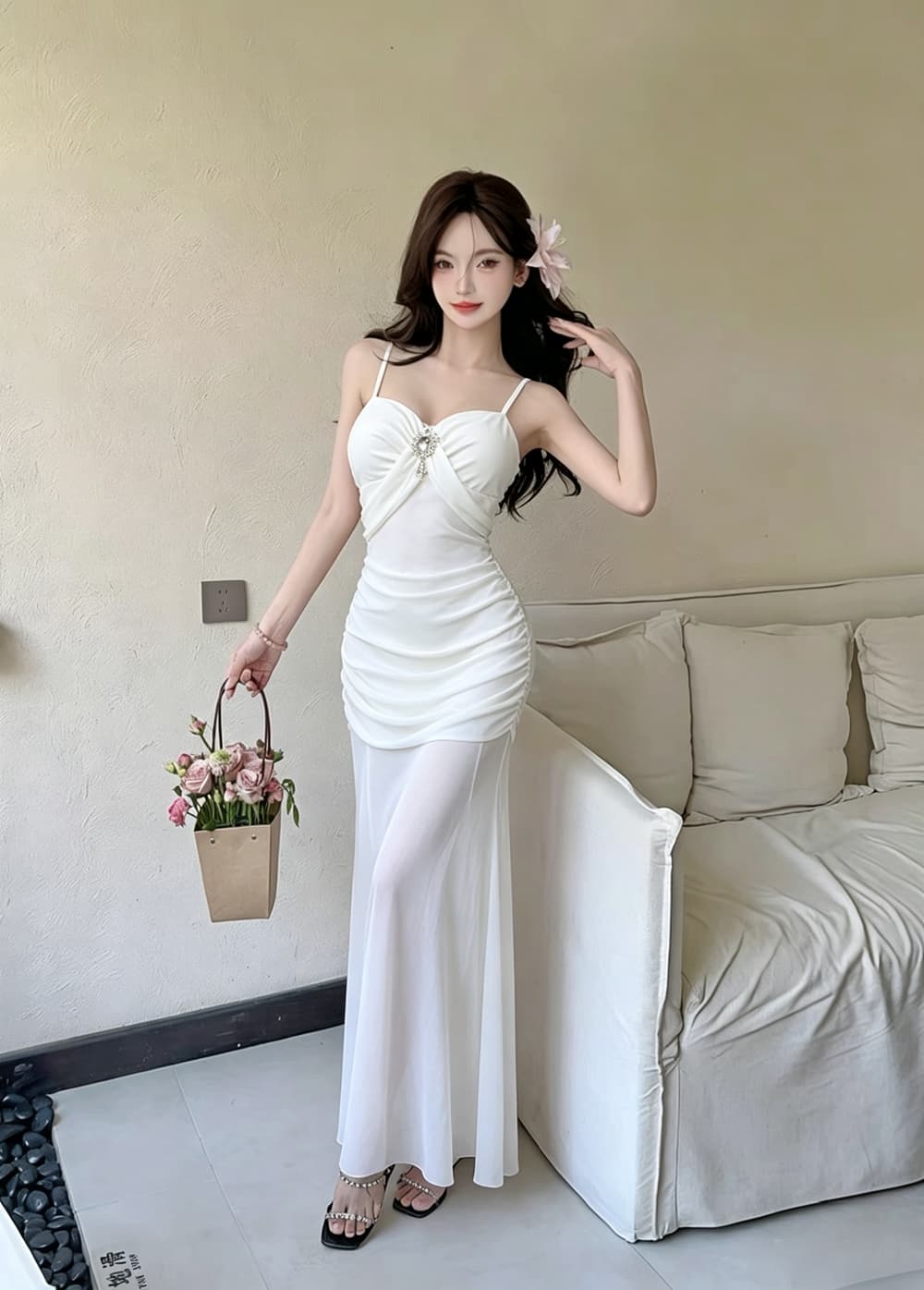 실사 새로운 프랑스식 몸매 가꾸기 슬림해 보이는 섹시함 망사 패치워크 해변 롱 코트 인어 꼬리 슬립 여성 드레스 상세 이미지 5