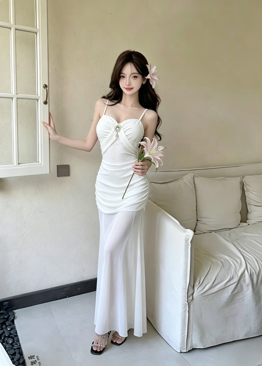 실사 새로운 프랑스식 몸매 가꾸기 슬림해 보이는 섹시함 망사 패치워크 해변 롱 코트 인어 꼬리 슬립 여성 드레스 상세 이미지 6