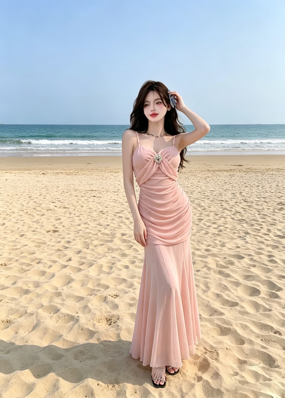 실사 새로운 프랑스식 몸매 가꾸기 슬림해 보이는 섹시함 망사 패치워크 해변 롱 코트 인어 꼬리 슬립 여성 드레스 상세 이미지 12