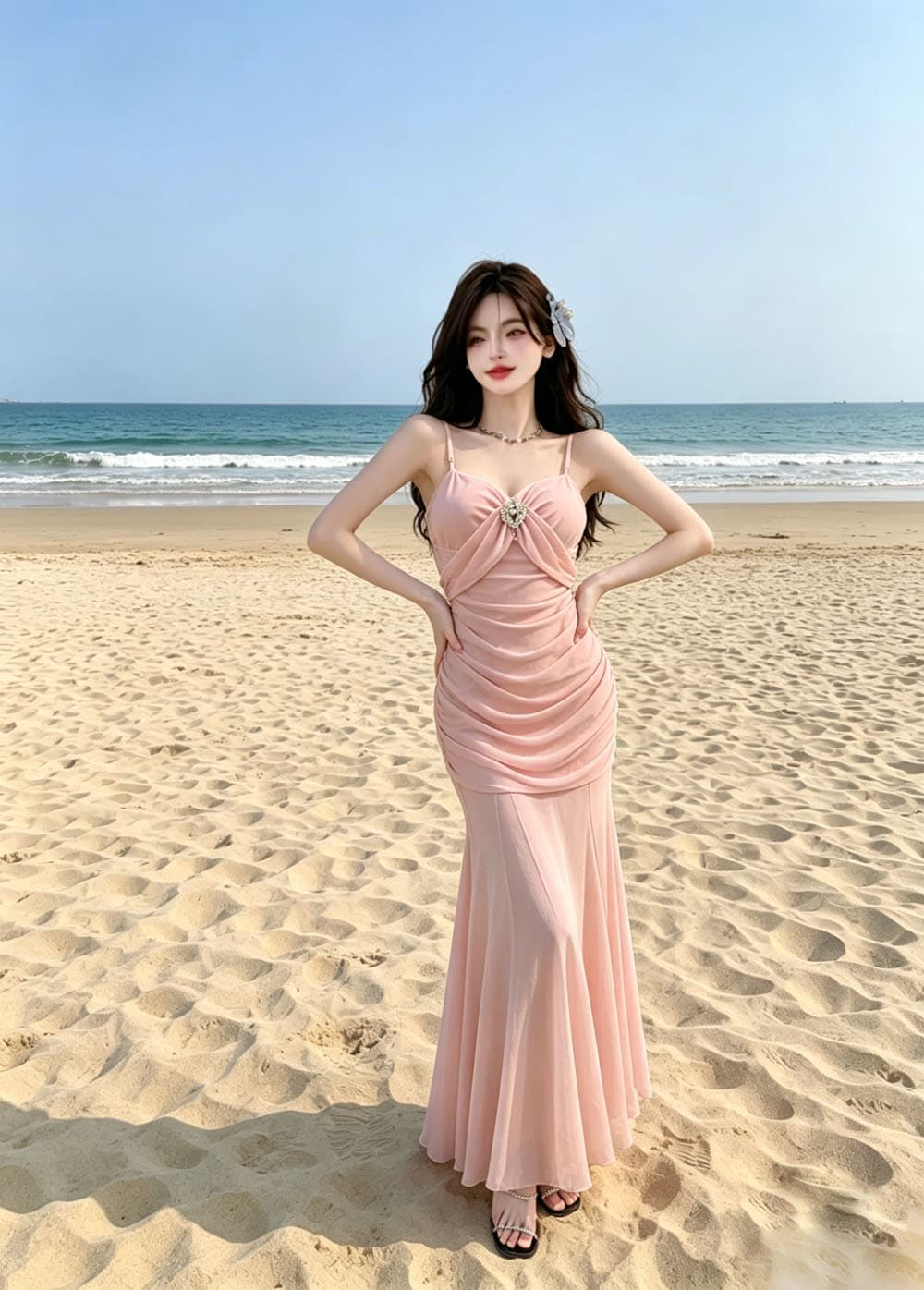 실사 새로운 프랑스식 몸매 가꾸기 슬림해 보이는 섹시함 망사 패치워크 해변 롱 코트 인어 꼬리 슬립 여성 드레스 상세 이미지 16