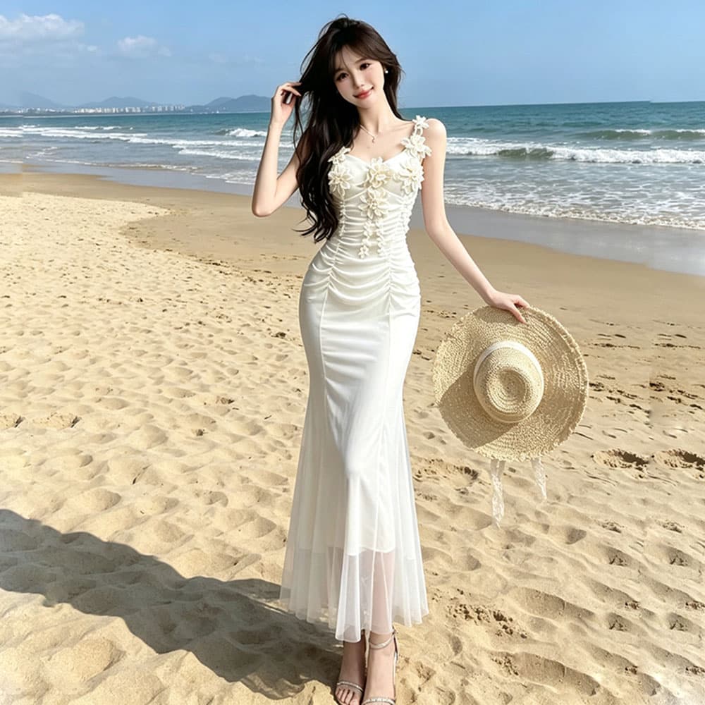 실사 프랑스식 3 차원 꽃 슬립 여성 드레스 여름 새로운 망사 패치워크 예복 인어 꼬리 롱 스커트